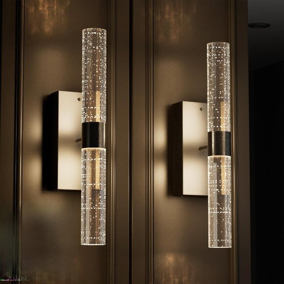 Crystal Battery Operated Wall Sconces Set of 2 Black Rechargeable Wireless Wall